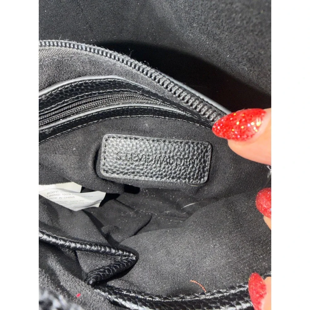 Steve Madden Black Pebbled Vegan Leather Studded Handle Hobo Bucket Bag